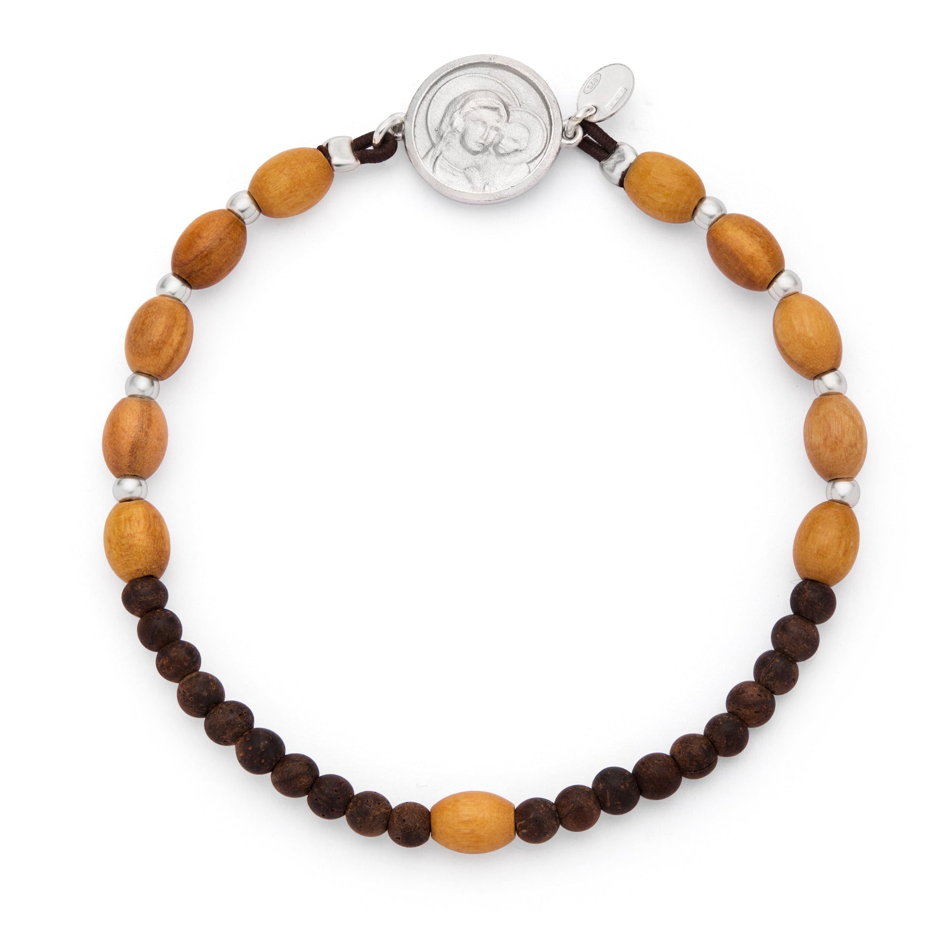 Mondo Cattolico Bracelet Adjustable / 6 x 7 mm (0.24 x 0.28 in) Pope Leo XIV Elastic Bracelet with Oval Wooden Beads and Sterling Silver Medal