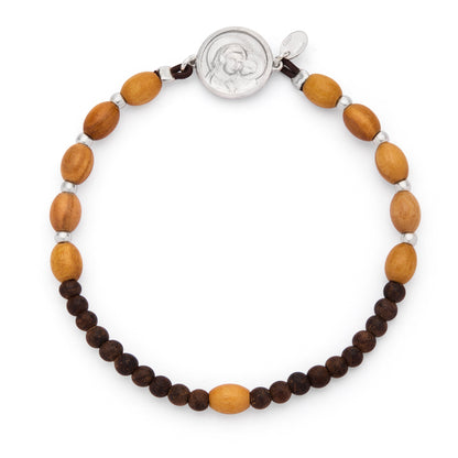 Mondo Cattolico Bracelet Adjustable / 6 x 7 mm (0.24 x 0.28 in) Pope Leo XIV Elastic Bracelet with Oval Wooden Beads and Sterling Silver Medal