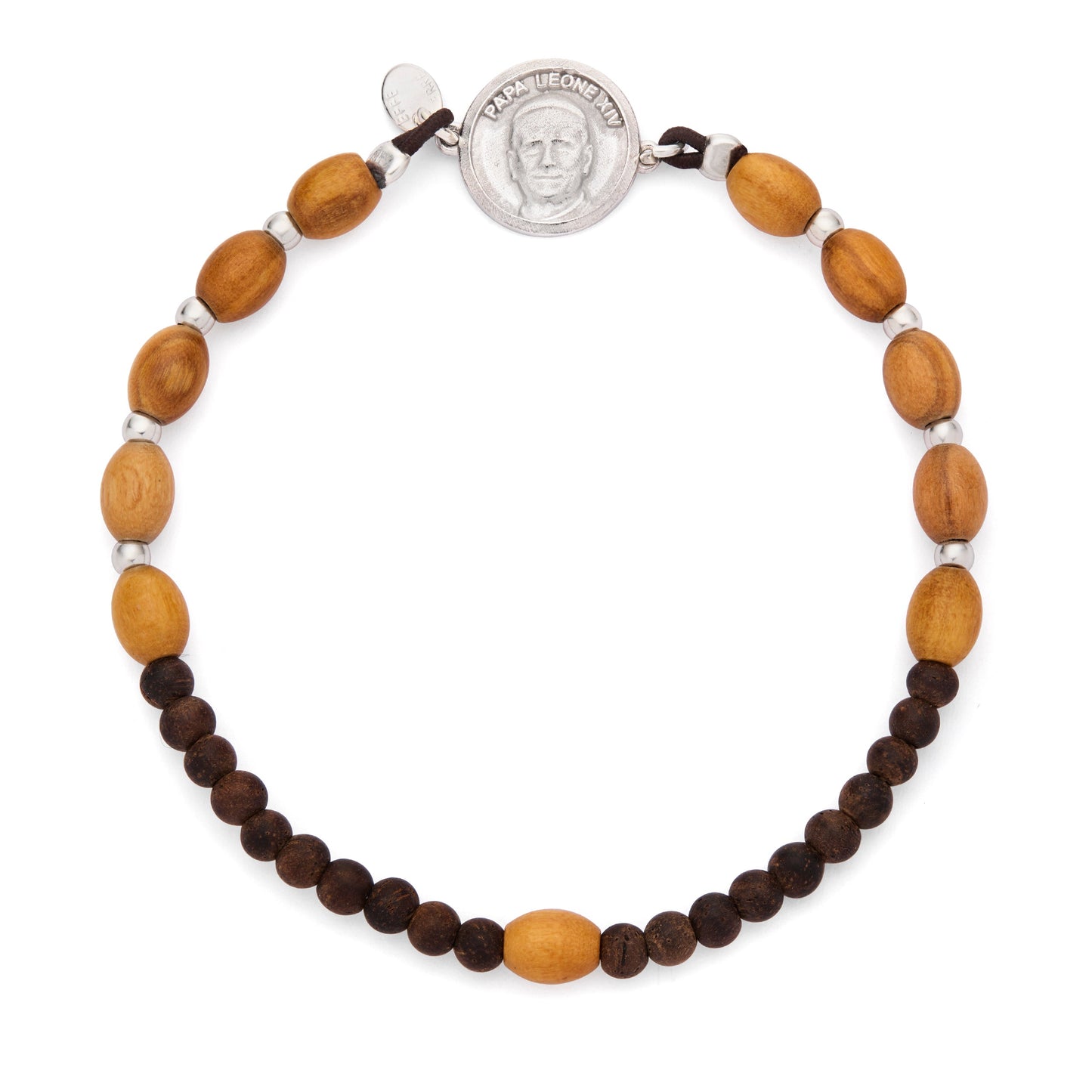 Mondo Cattolico Bracelet Adjustable / 6 x 7 mm (0.24 x 0.28 in) Pope Leo XIV Elastic Bracelet with Oval Wooden Beads and Sterling Silver Medal