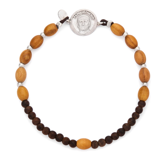 Mondo Cattolico Bracelet Adjustable / 6 x 7 mm (0.24 x 0.28 in) Pope Leo XIV Elastic Bracelet with Oval Wooden Beads and Sterling Silver Medal