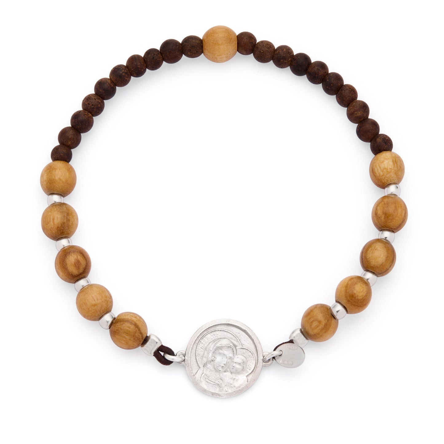 Mondo Cattolico Bracelet Adjustable / 5 mm (0.20 in) Pope Leo XIV Elastic Bracelet with Wooden Beads and Sterling Silver Medal