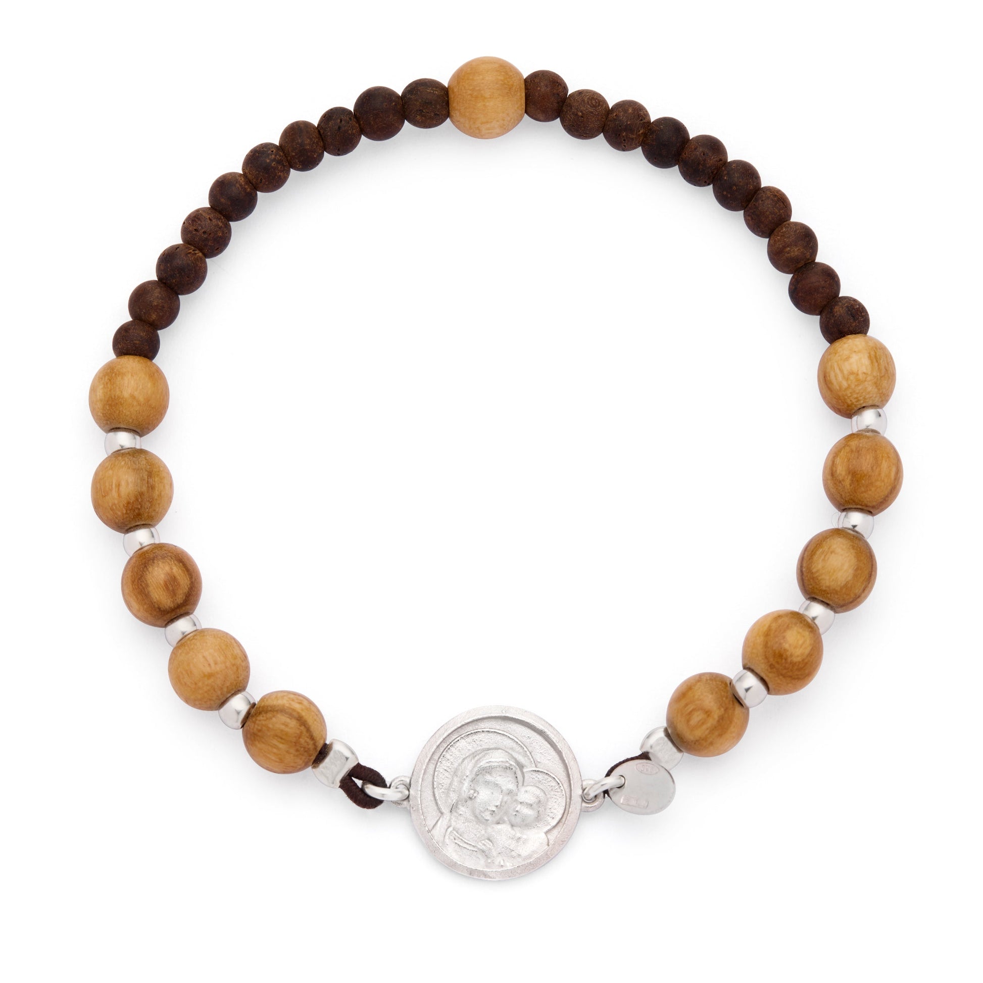 Mondo Cattolico Bracelet Adjustable / 5 mm (0.20 in) Pope Leo XIV Elastic Bracelet with Wooden Beads and Sterling Silver Medal