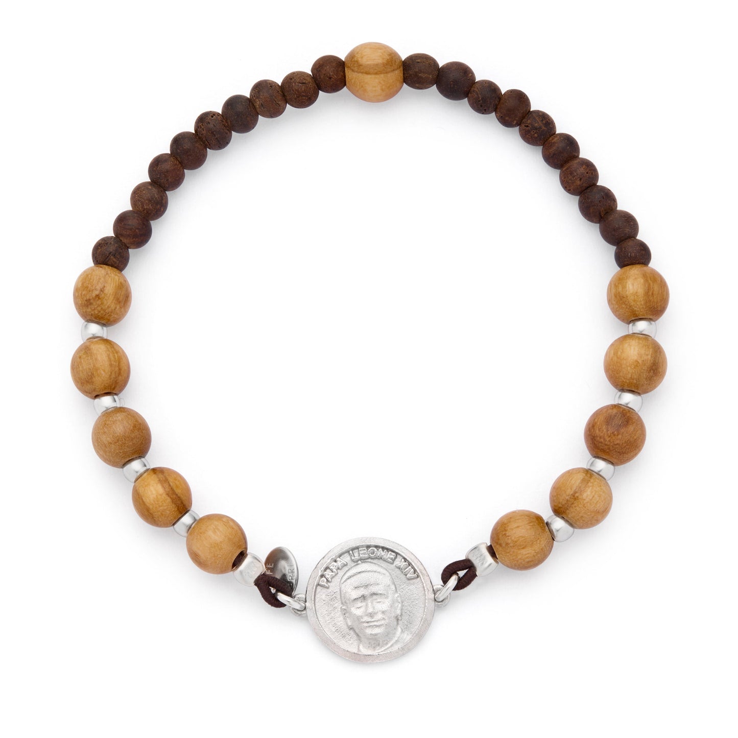 Mondo Cattolico Bracelet Adjustable / 5 mm (0.20 in) Pope Leo XIV Elastic Bracelet with Wooden Beads and Sterling Silver Medal