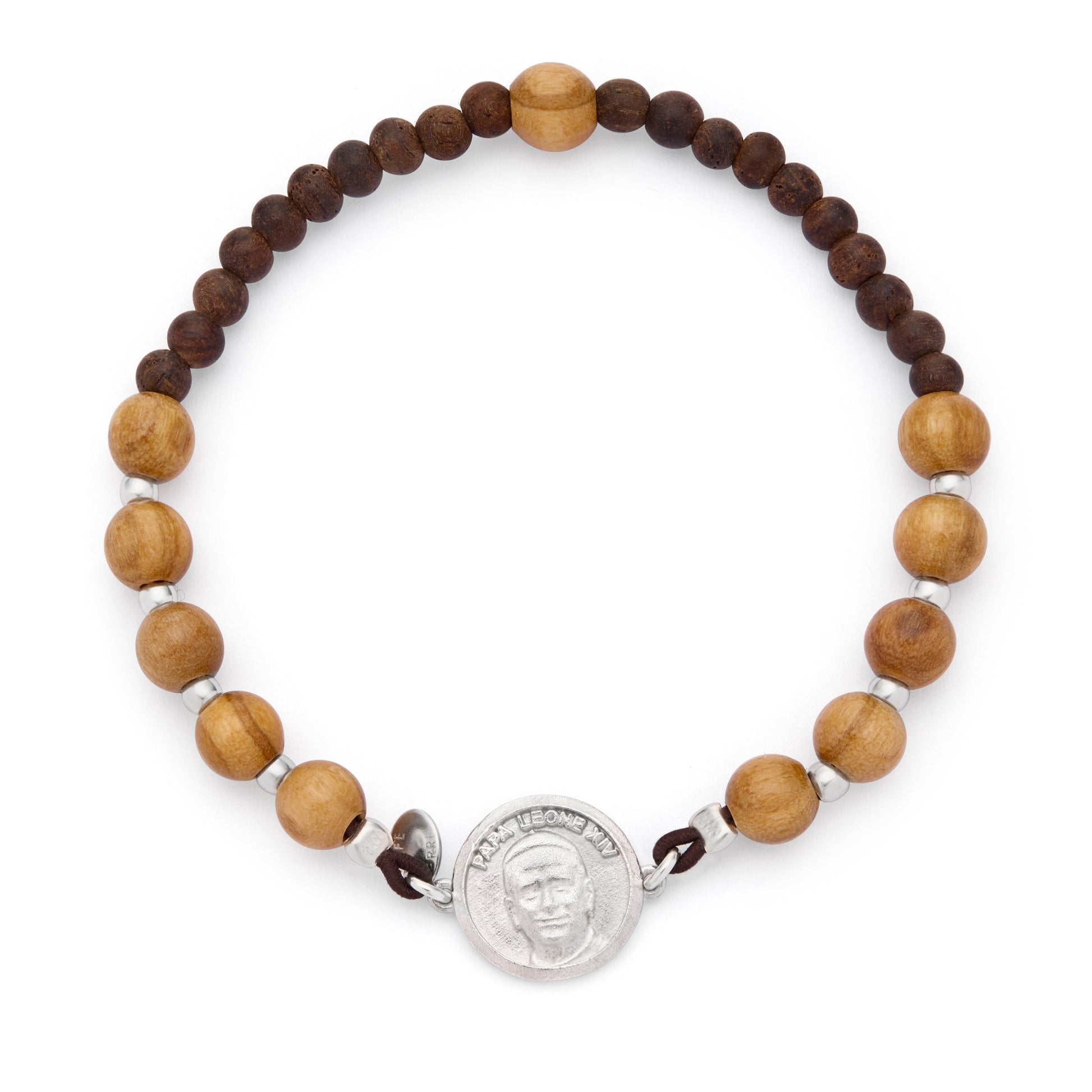 Mondo Cattolico Bracelet Adjustable / 5 mm (0.20 in) Pope Leo XIV Elastic Bracelet with Wooden Beads and Sterling Silver Medal