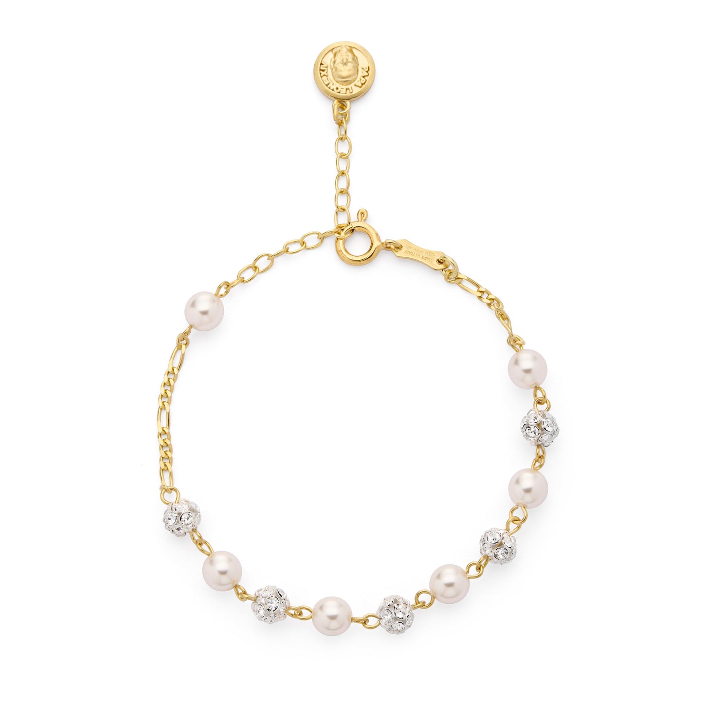 Mondo Cattolico Bracelet 17 - 21 cm (6.69 - 8.27 in) / 6 mm (0.24 in) Pope Leo XIV Gold-plated Sterling Silver Bracelet with White Freshwater Pearl and Glitter Beads
