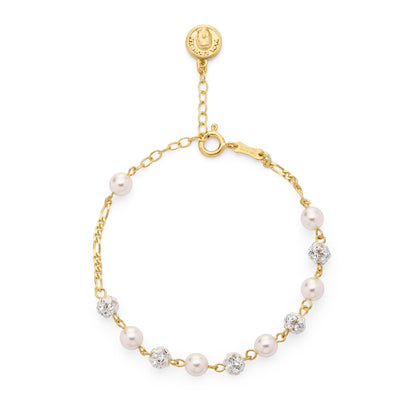 Mondo Cattolico Bracelet 17 - 21 cm (6.69 - 8.27 in) / 6 mm (0.24 in) Pope Leo XIV Gold-plated Sterling Silver Bracelet with White Freshwater Pearl and Glitter Beads