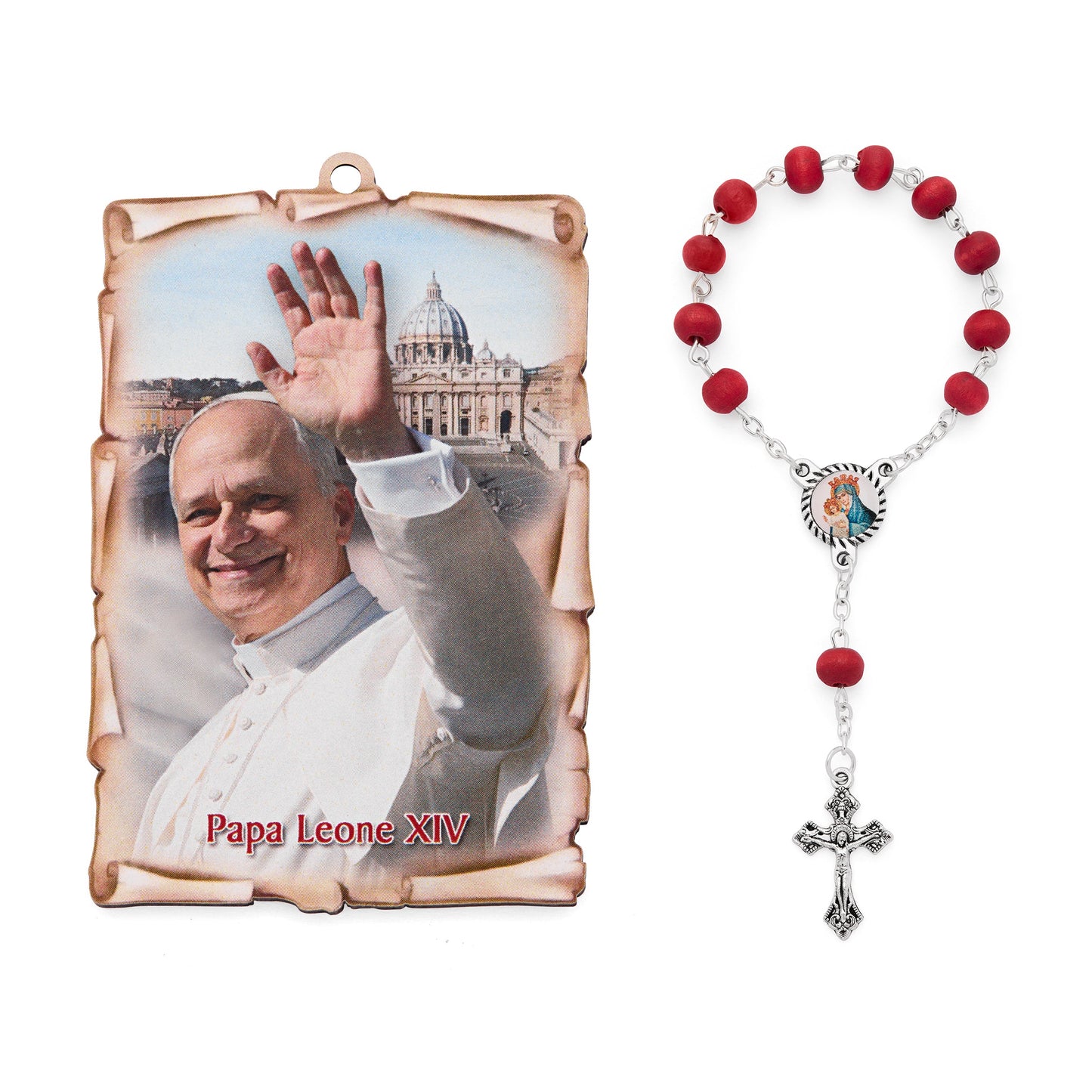 MONDO CATTOLICO ROMA Rosary 15 cm (5.91 in) / 6 mm (0.24 in) Pope Leo XIV One-Decade Rosary with Wooden Panel