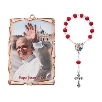 MONDO CATTOLICO ROMA Rosary 15 cm (5.91 in) / 6 mm (0.24 in) Pope Leo XIV One-Decade Rosary with Wooden Panel