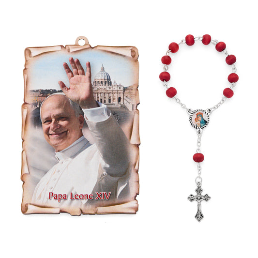 MONDO CATTOLICO ROMA Rosary 15 cm (5.91 in) / 6 mm (0.24 in) Pope Leo XIV One-Decade Rosary with Wooden Panel