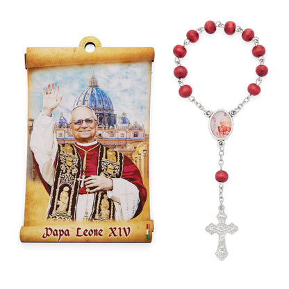 MONDO CATTOLICO ROMA Rosary 15 cm (5.91 in) / 6 mm (0.24 in) Pope Leo XIV One-Decade Rosary with Wooden Panel on Inauguration Day