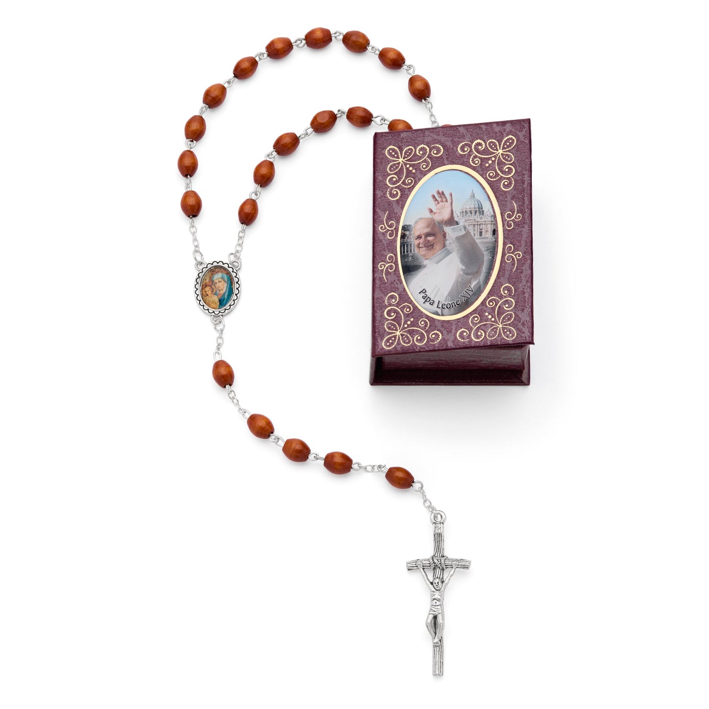 MONDO CATTOLICO ROMA Rosary Box 4x5.50 cm (1.57x2.17 in) / 7 mm (0.28 in) / 53 cm (20.90 in) Pope Leo XIV Red Rosary Case with Wood Rosary