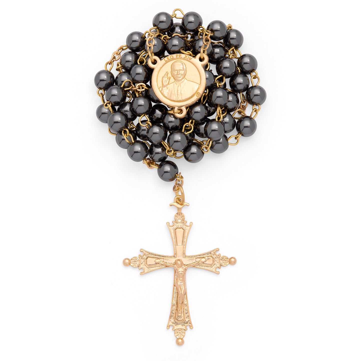 MONDO CATTOLICO ROMA Rosary 46 cm (18.11 in) / 64 cm (25.20 in) / 6 mm (0.24 in) Pope Leo XIV Rosary in Gold-Tone Alpaca with Hematite Beads