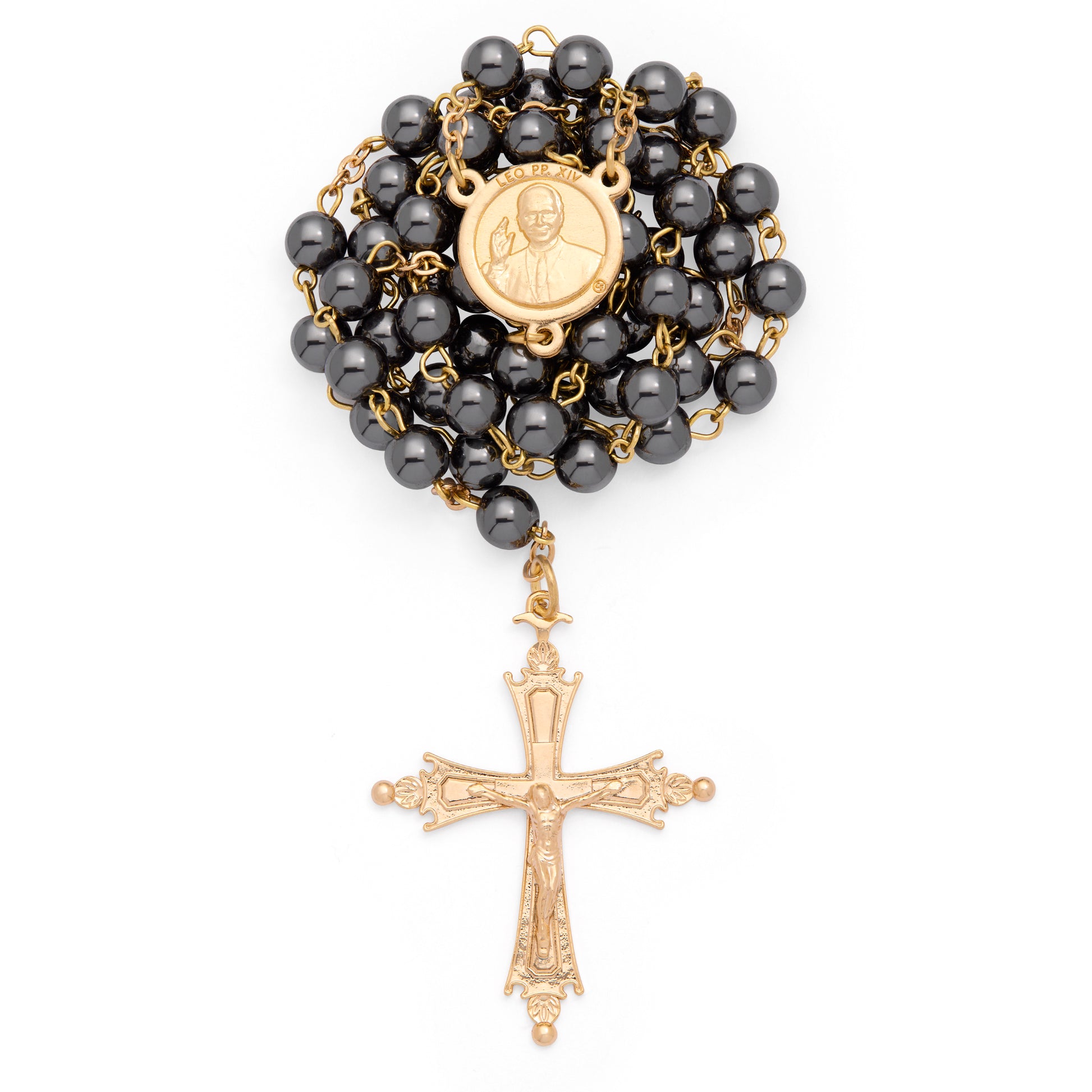 MONDO CATTOLICO ROMA Rosary 46 cm (18.11 in) / 64 cm (25.20 in) / 6 mm (0.24 in) Pope Leo XIV Rosary in Gold-Tone Alpaca with Hematite Beads