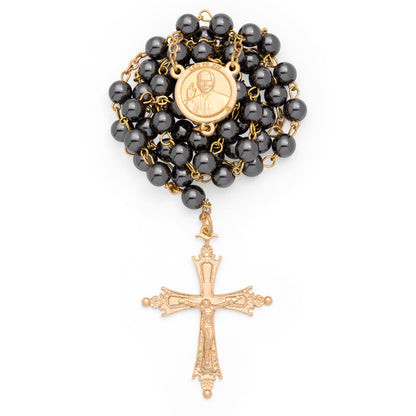MONDO CATTOLICO ROMA Rosary 46 cm (18.11 in) / 64 cm (25.20 in) / 6 mm (0.24 in) Pope Leo XIV Rosary in Gold-Tone Alpaca with Hematite Beads