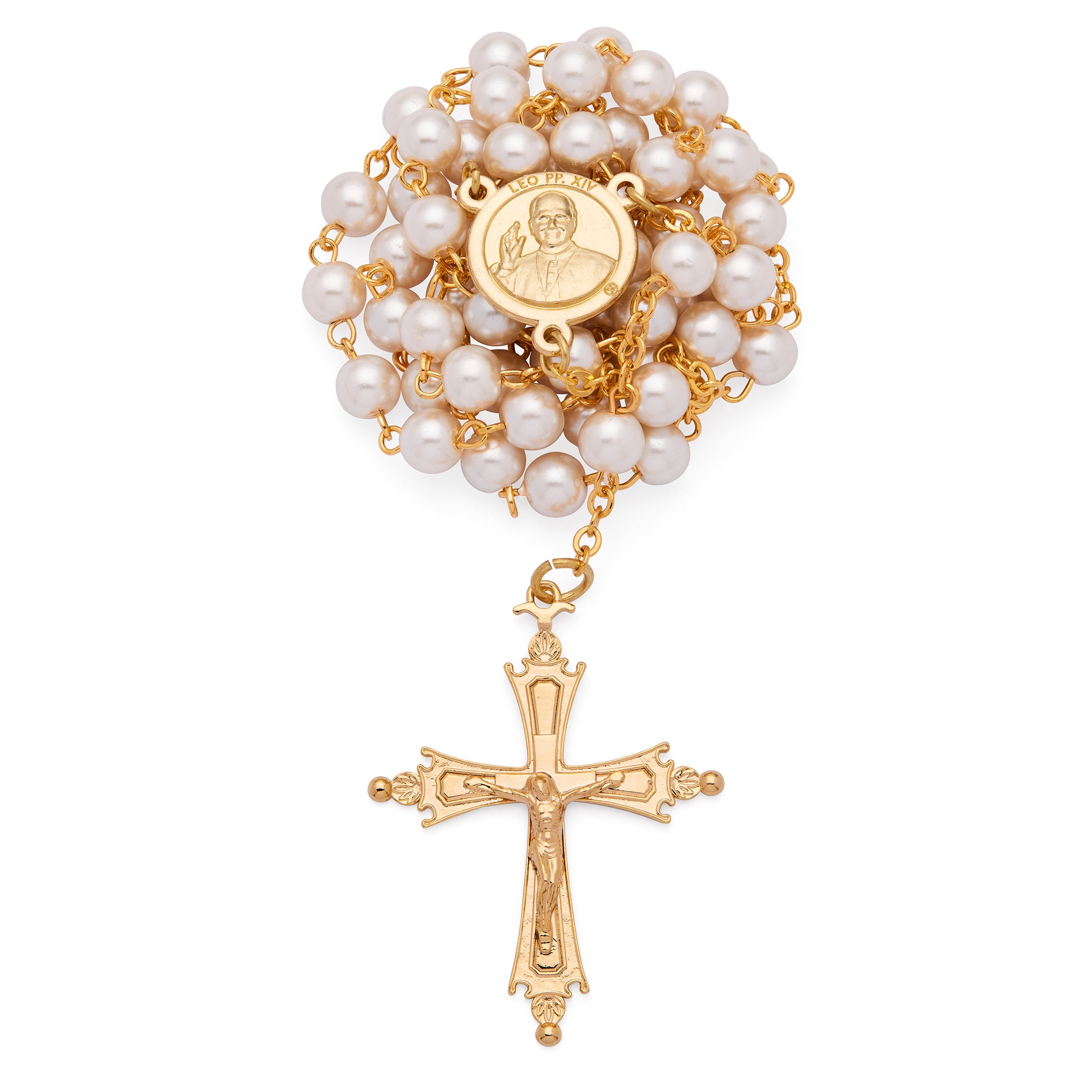 MONDO CATTOLICO ROMA Rosary 46 cm (18.11 in) / 64 cm (25.20 in) / 6 mm (0.24 in) Pope Leo XIV Rosary in Gold-Tone Alpaca with Synthetic Pearl Beads