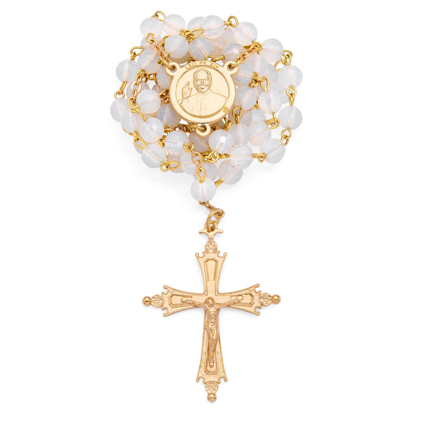MONDO CATTOLICO ROMA Rosary 46 cm (18.11 in) / 64 cm (25.20 in) / 6 mm (0.24 in) Pope Leo XIV Rosary in Gold-Tone Alpaca with White Crystal Beads