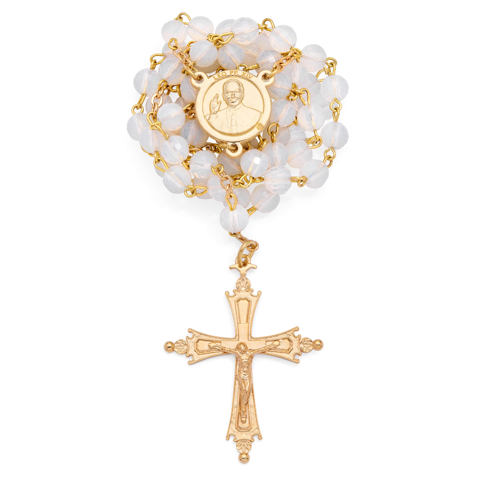 MONDO CATTOLICO ROMA Rosary 46 cm (18.11 in) / 64 cm (25.20 in) / 6 mm (0.24 in) Pope Leo XIV Rosary in Gold-Tone Alpaca with White Crystal Beads
