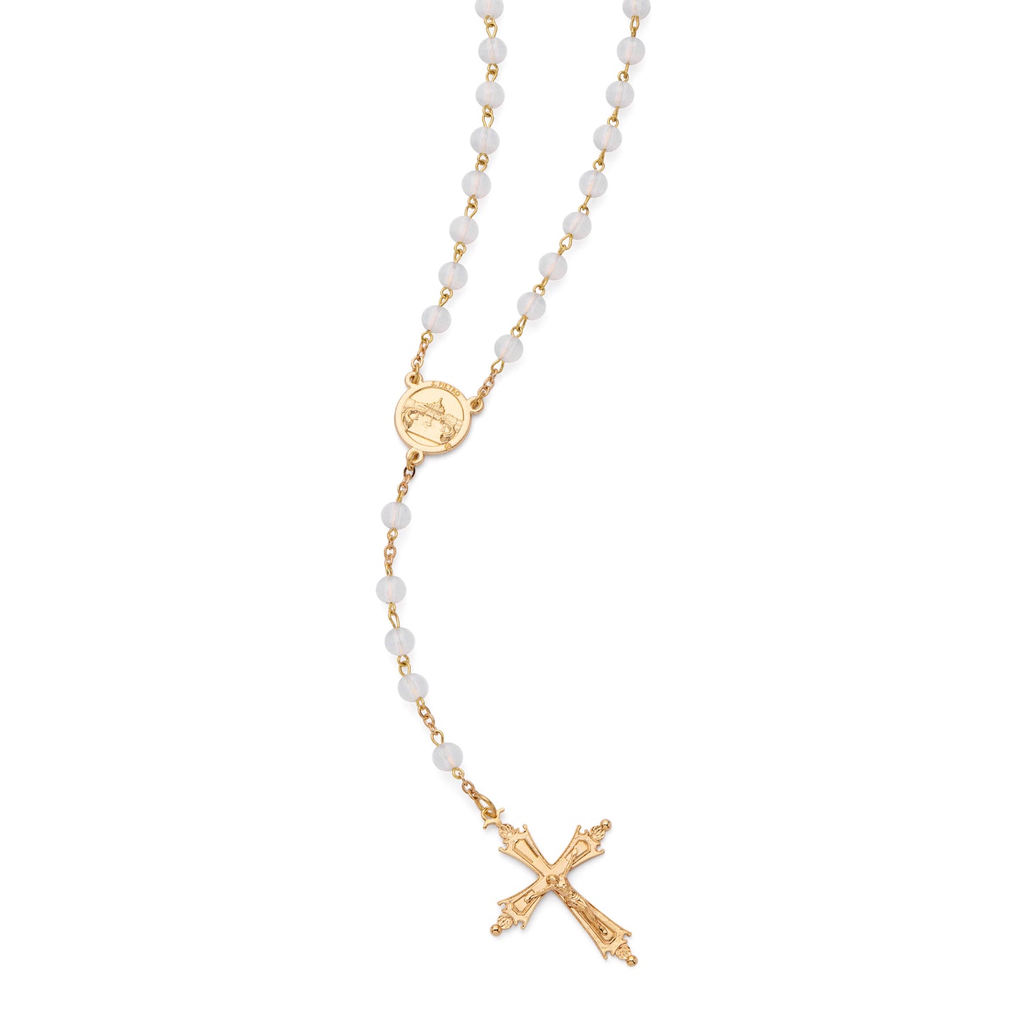MONDO CATTOLICO ROMA Rosary 46 cm (18.11 in) / 64 cm (25.20 in) / 6 mm (0.24 in) Pope Leo XIV Rosary in Gold-Tone Alpaca with White Crystal Beads