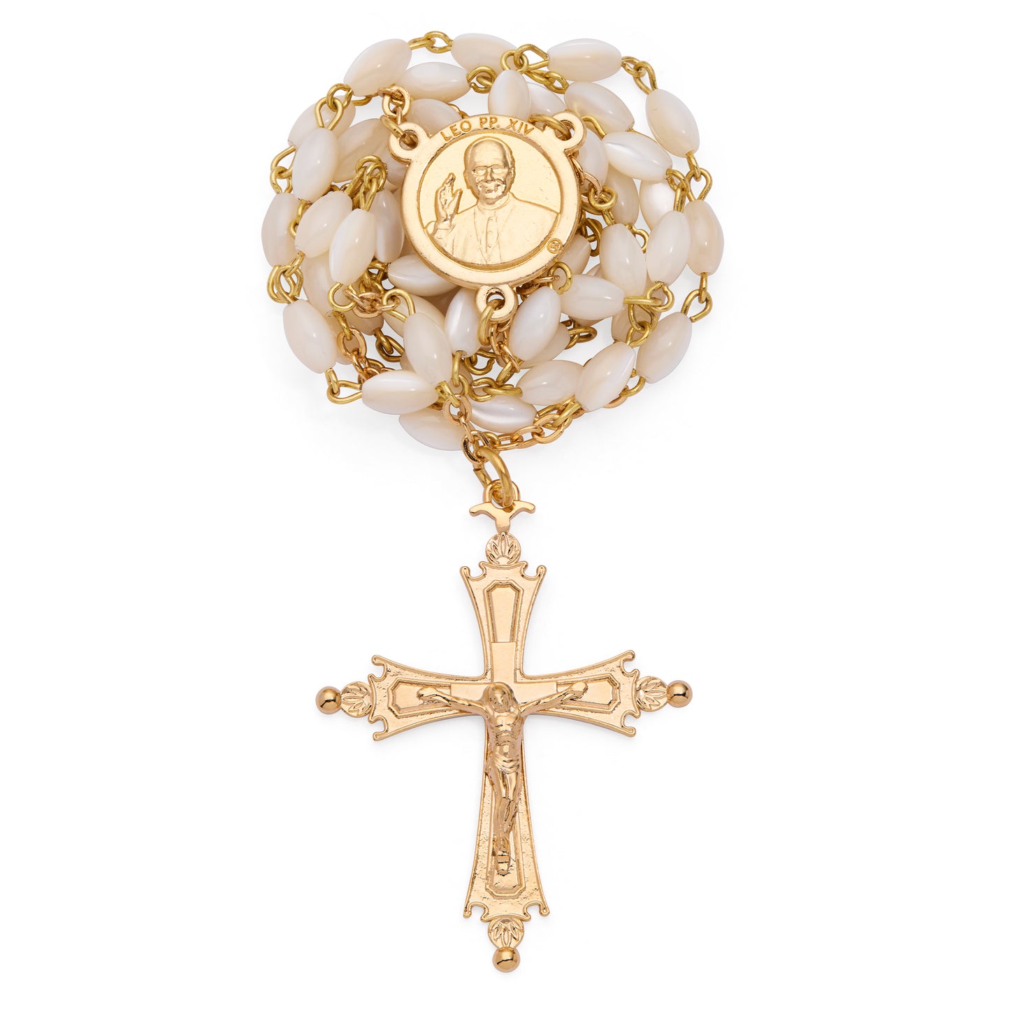 MONDO CATTOLICO ROMA Rosary 50 cm (19.69 in) / 68 cm (26.77 in) / 3 x 6 mm (0.12 x 0.24 in) Pope Leo XIV Rosary in Gold-Tone with Oval Mother-of-Pearl Beads