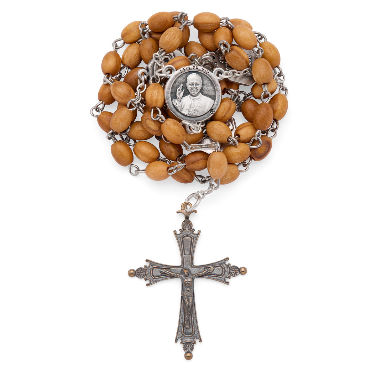 MONDO CATTOLICO ROMA Rosary 55 cm (21.65 in) / 78 cm (30.71 in) / 5 x 7 mm (0.20 x 0.28 in) Pope Leo XIV Rosary with Oval Olive Wood Beads