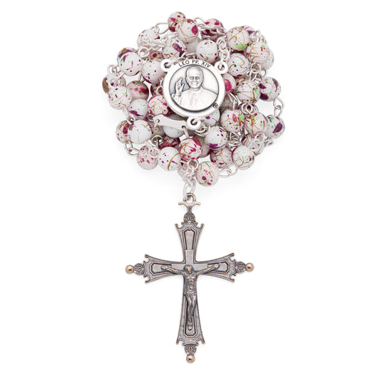 MONDO CATTOLICO ROMA Rosary 46 cm (18.11 in) / 64 cm (25.20 in) / 6 mm (0.24 in) Pope Leo XIV Rosary with White Beads Speckled in Pink and Green