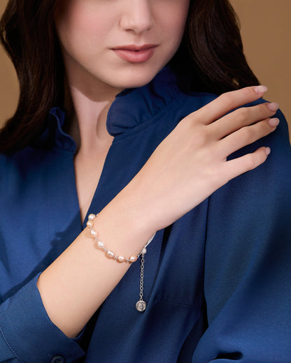 MONDO CATTOLICO ROMA Bracelet 17 - 21 cm (6.69 - 8.27 in) / 6 mm (0.24 in) Pope Leo XIV Sterling Silver Bracelet with Pink Freshwater Pearl Beads