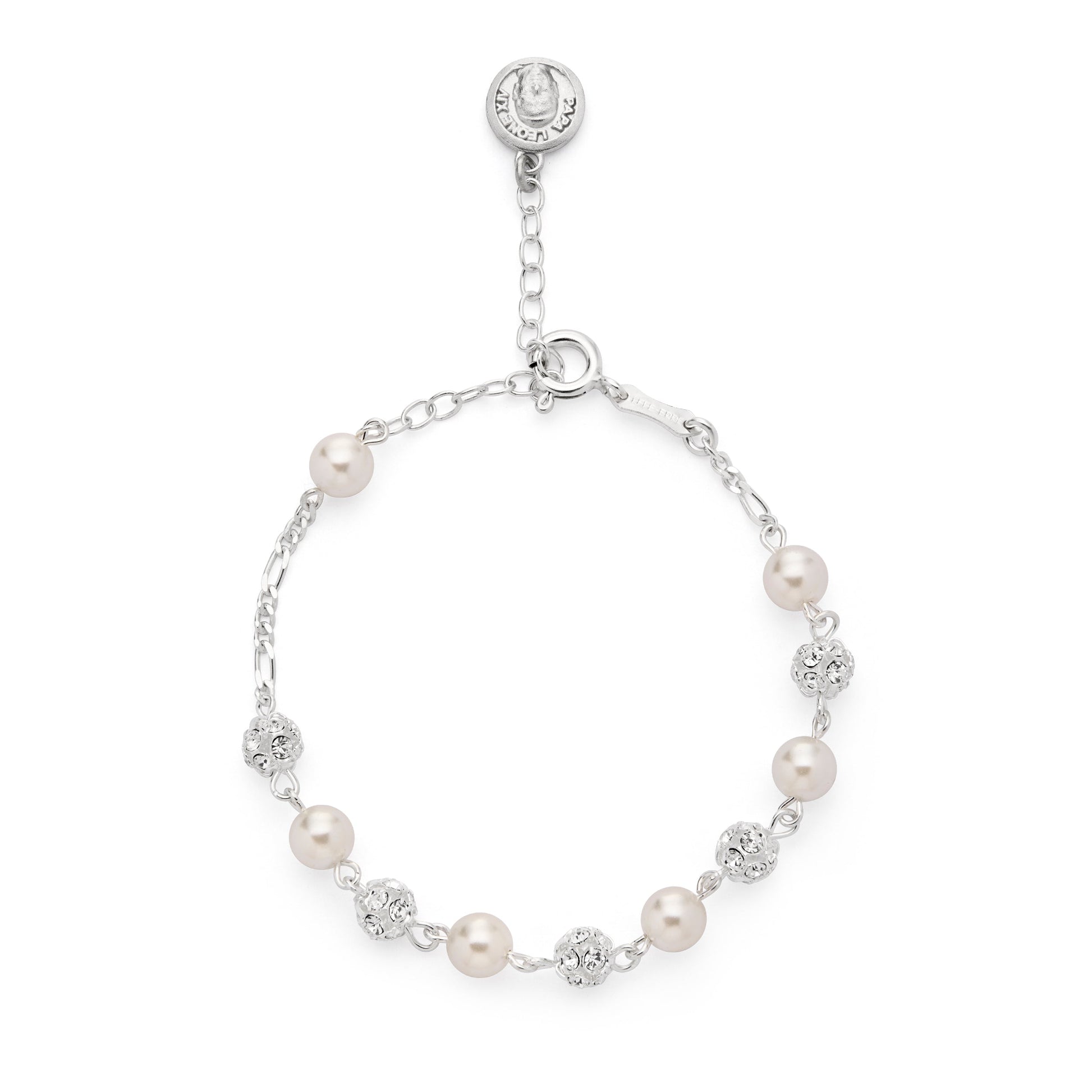 Mondo Cattolico Bracelet 17 - 21 cm (6.69 - 8.27 in) / 6 mm (0.24 in) Pope Leo XIV Sterling Silver Bracelet with White Freshwater Pearl and Glitter Beads