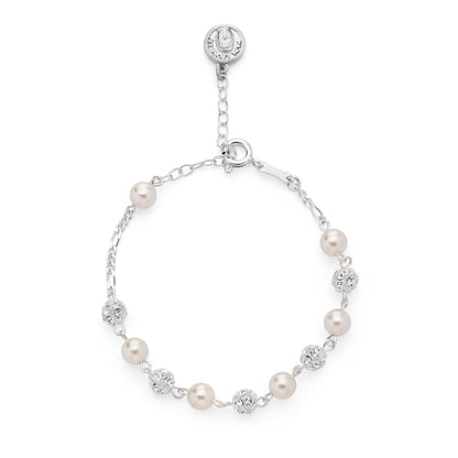 Mondo Cattolico Bracelet 17 - 21 cm (6.69 - 8.27 in) / 6 mm (0.24 in) Pope Leo XIV Sterling Silver Bracelet with White Freshwater Pearl and Glitter Beads