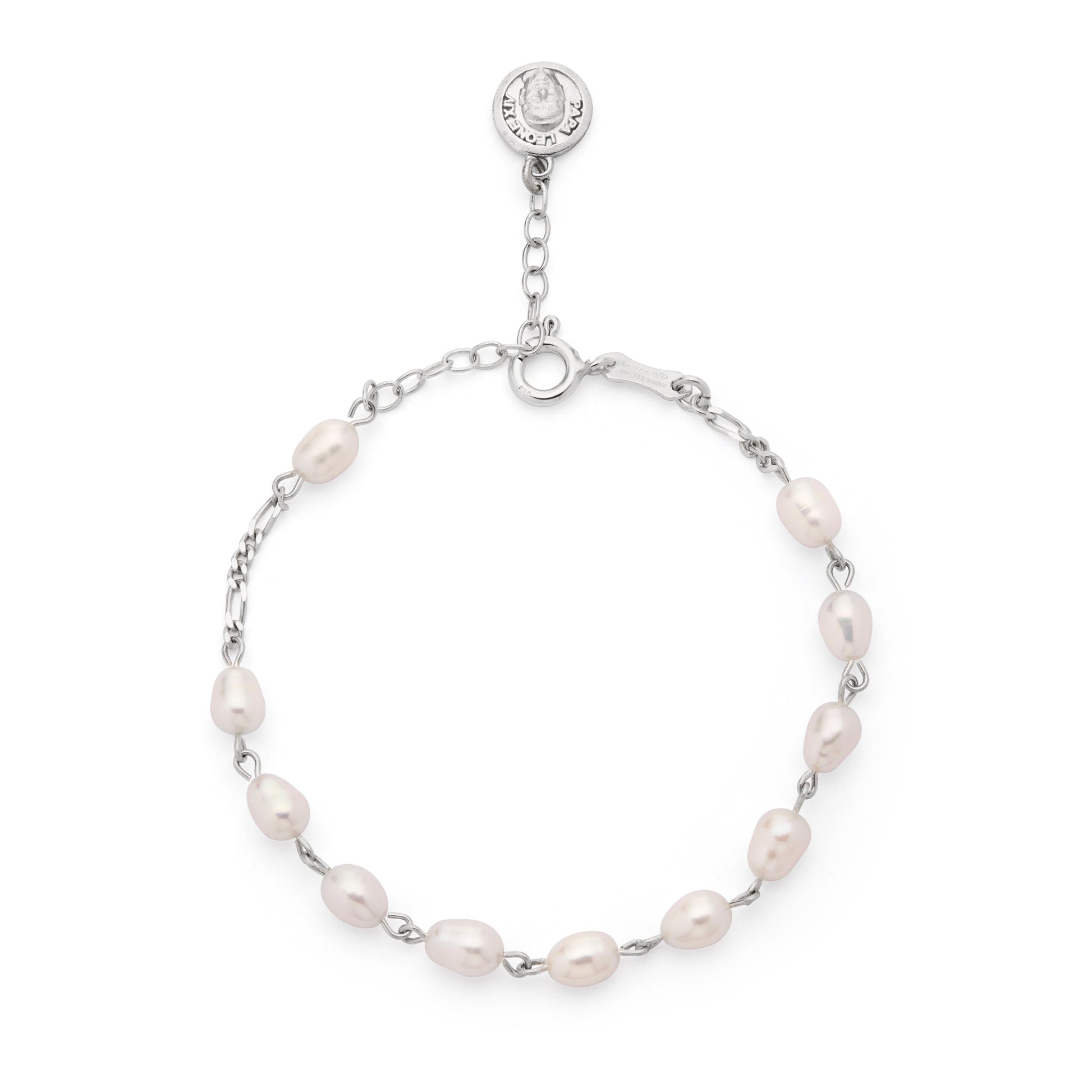 Mondo Cattolico Bracelet 17 - 21 cm (6.69 - 8.27 in) / 6 mm (0.24 in) Pope Leo XIV Sterling Silver Bracelet with White Freshwater Pearl Beads