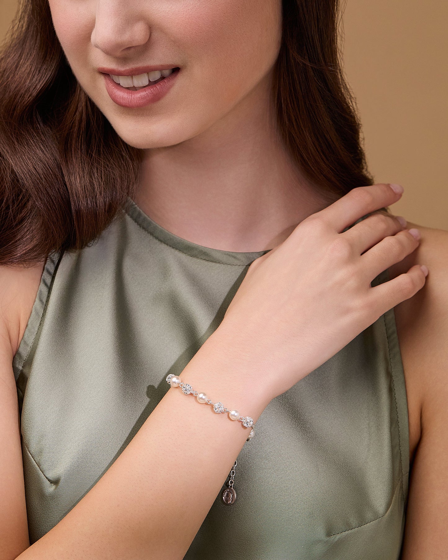 MONDO CATTOLICO ROMA Bracelet 17 - 21 cm (6.69 - 8.27 in) / 6 mm (0.24 in) Pope Leo XIV Sterling Silver Bracelet with White Pearl and Rhinestones Beads