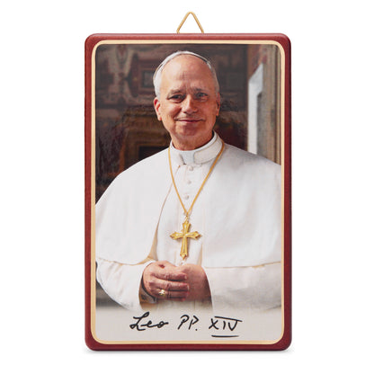 MONDO CATTOLICO ROMA Panel 7.50 x 11.50 cm (2.95 x 4.53 in) Pope Leo XIV Wooden Panel with Red Border