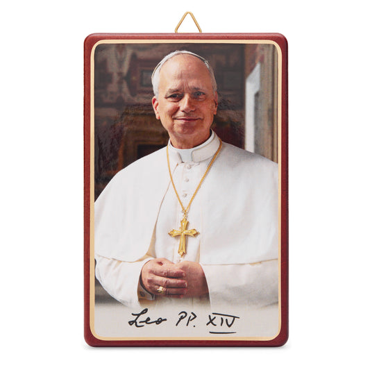 MONDO CATTOLICO ROMA Panel 7.50 x 11.50 cm (2.95 x 4.53 in) Pope Leo XIV Wooden Panel with Red Border