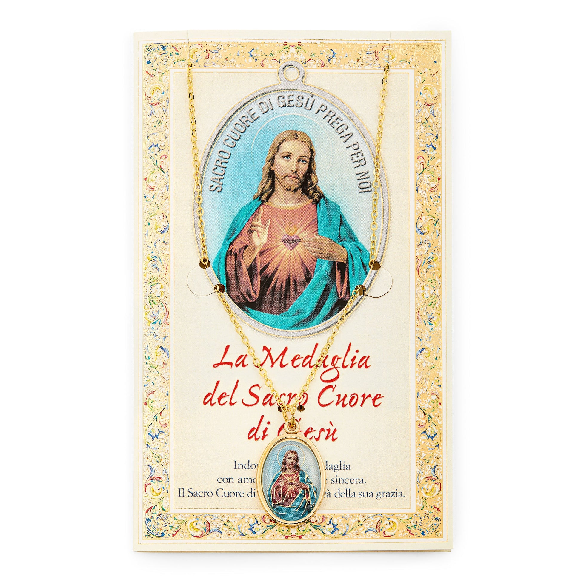 MONDO CATTOLICO Prayer Card with Medal and Chain of the Sacred Heart of Jesus