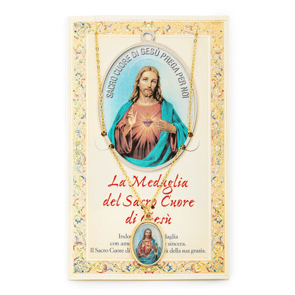 MONDO CATTOLICO Prayer Card with Medal and Chain of the Sacred Heart of Jesus