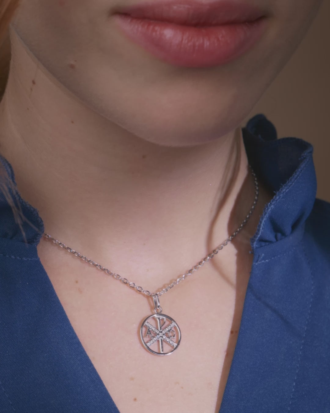 White Gold Chi Rho Medal With Cubic Zirconia Details | MONDO CATTOLICO