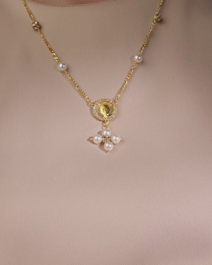 Gold-plated Sterling Silver Pope Leo XIV Necklace with White Pearls and Rhinestone Beads