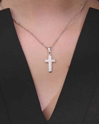 Croce Pendente in Argento 925 Con Interno Satinato e Angoli Stondati
