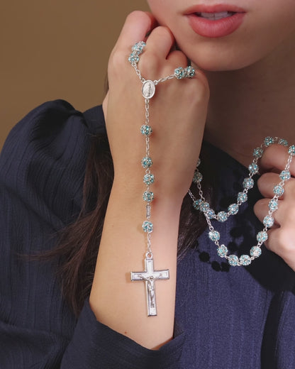 Sterling Silber Rosenkranz mit hellblauen Strassperlen