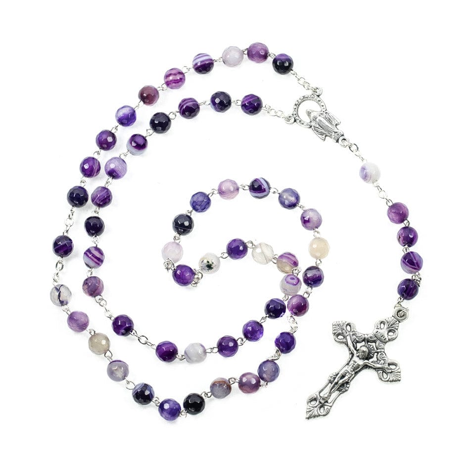 MONDO CATTOLICO Prayer Beads 42 cm (16.5 in) / 6 mm (0.23 in) Purple  Agate Rosary  Faceted Beads