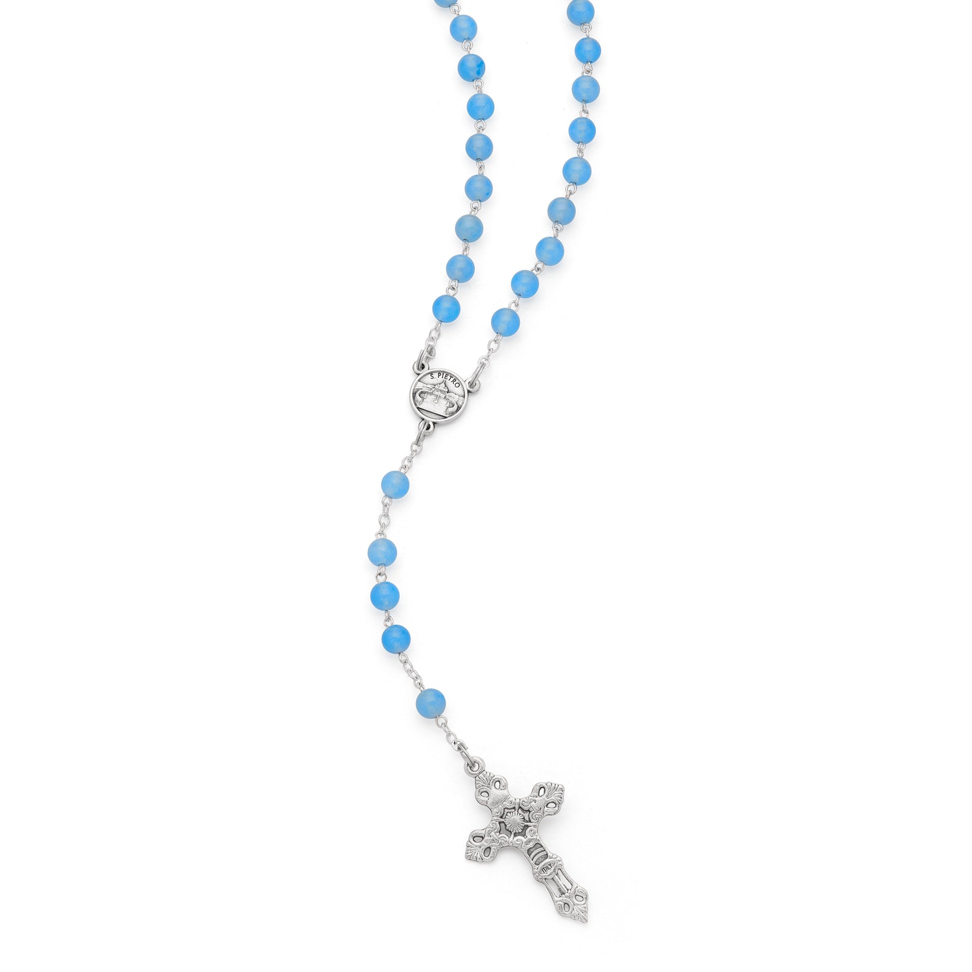 MONDO CATTOLICO ROMA Prayer Beads 42.5 cm (16.73 in) / 6 mm (0.23 in) Real Aquamarine Gemstone Rosary with Pope Francis