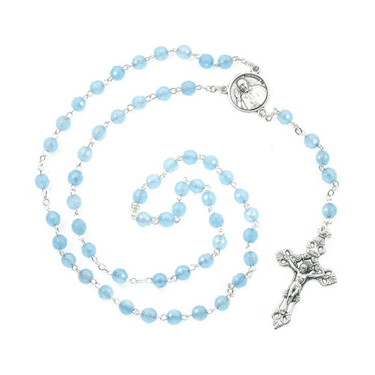 MONDO CATTOLICO Prayer Beads 42.5 cm (16.73 in) / 6 mm (0.23 in) Real Aquamarine Gemstone Rosary with Pope Francis
