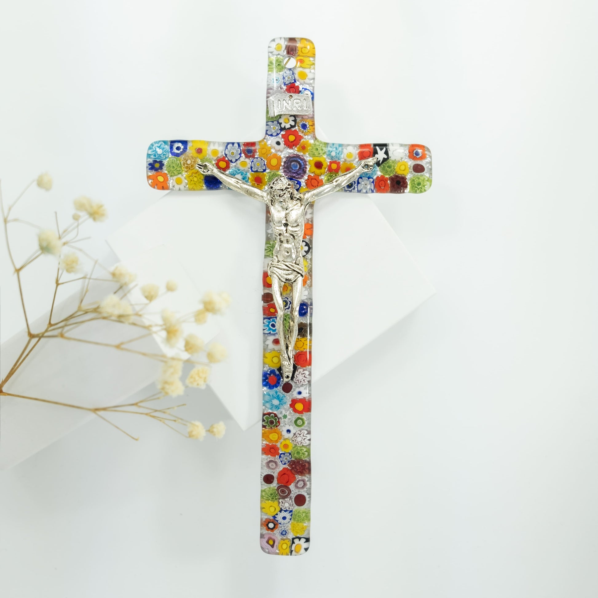 MONDO CATTOLICO Real Murano Glass Millefiori Art Wall Cross Crucifix