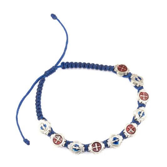 MONDO CATTOLICO Prayer Beads Red and Blue Enamel Saint Benedict Pewter Bracelet in Rope