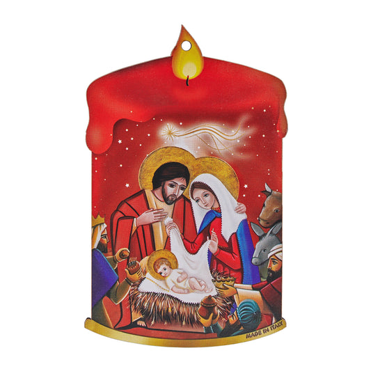 Mondo Cattolico 11 cm (4.33 in) Red Christmas Tree Decoration in the Shape of Candle With Crib