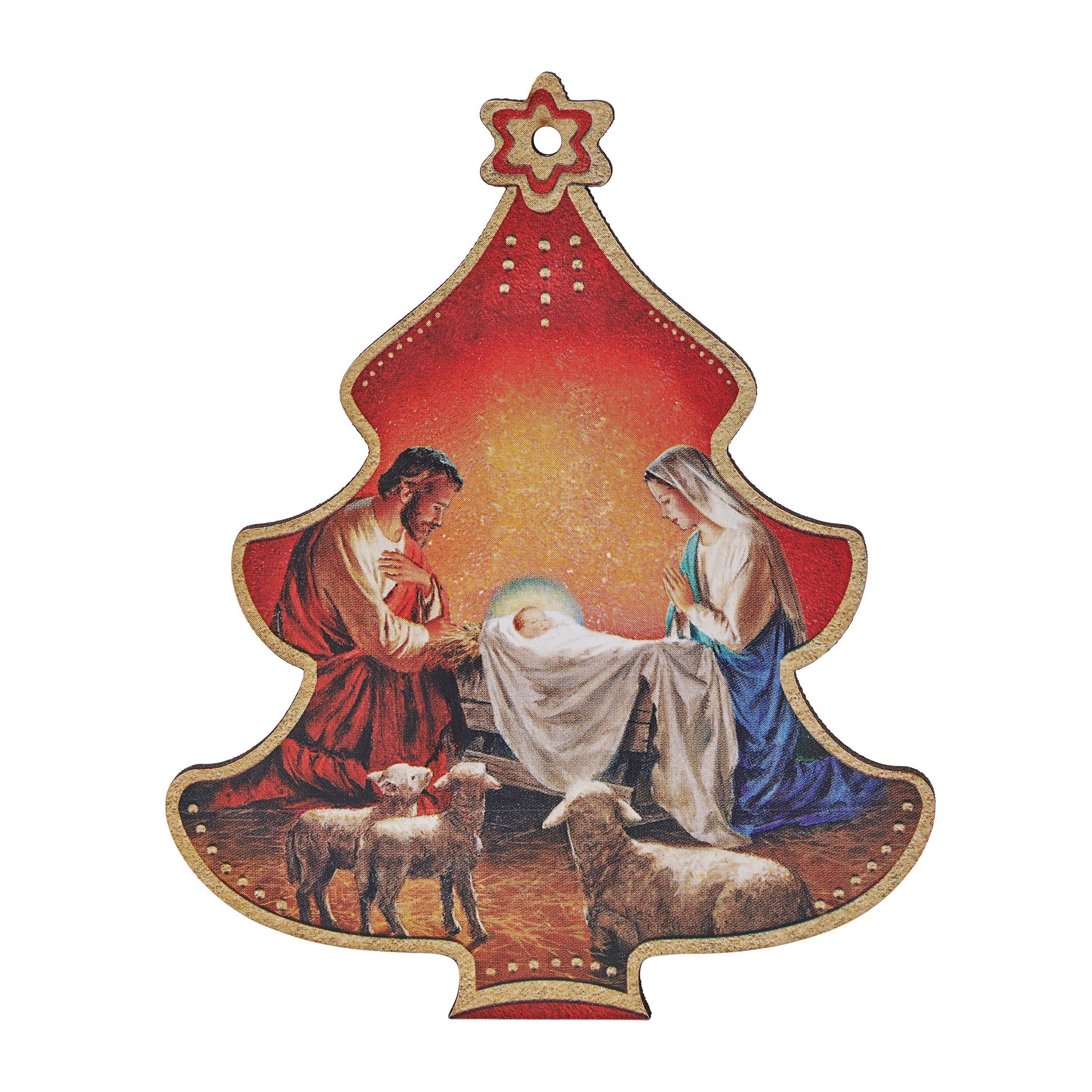 Mondo Cattolico 11 cm (4.33 in) Red Christmas Tree-shaped Christmas Decoration With Nativity Scene