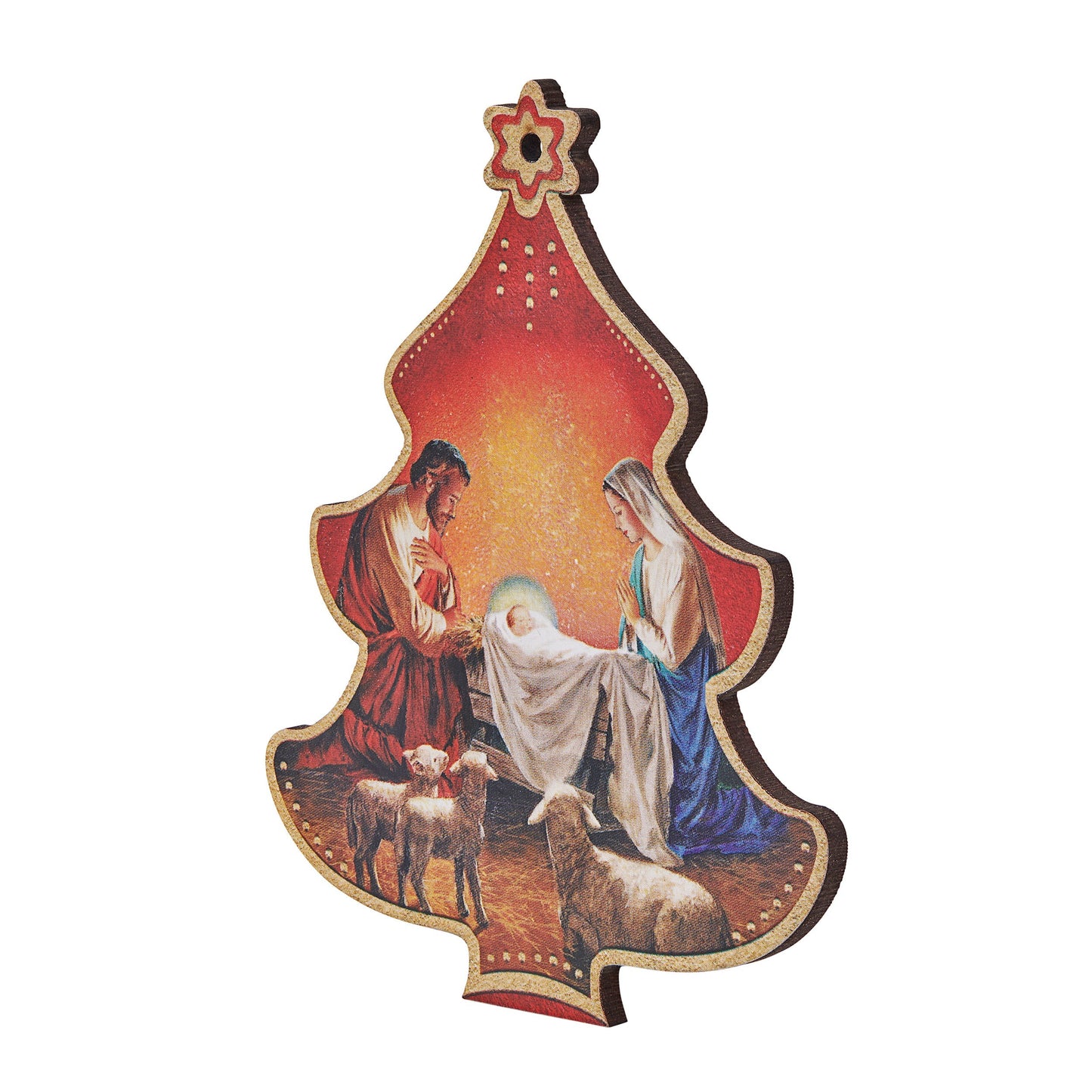 Mondo Cattolico 11 cm (4.33 in) Red Christmas Tree-shaped Christmas Decoration With Nativity Scene