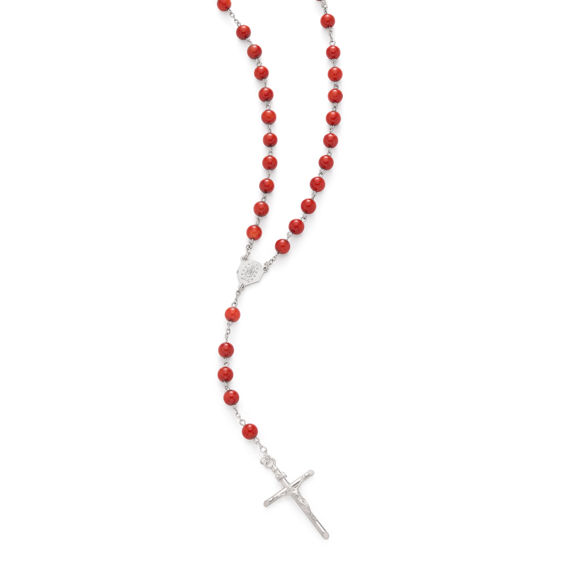 MONDO CATTOLICO ROMA Prayer Beads RED CORAL SILVER ROSARY