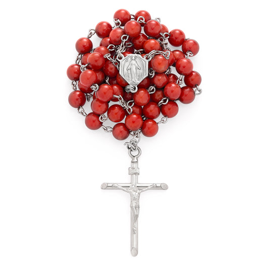 MONDO CATTOLICO ROMA Prayer Beads RED CORAL SILVER ROSARY
