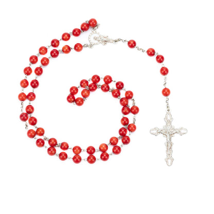 MONDO CATTOLICO Prayer Beads RED CORAL SILVER ROSARY
