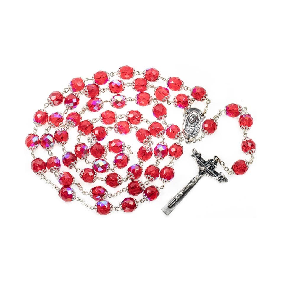 MONDO CATTOLICO Prayer Beads 10 mm (0.40 in) / 70 cm (27 in) Red Crystal Double Capped Rosary 10 mm Beads